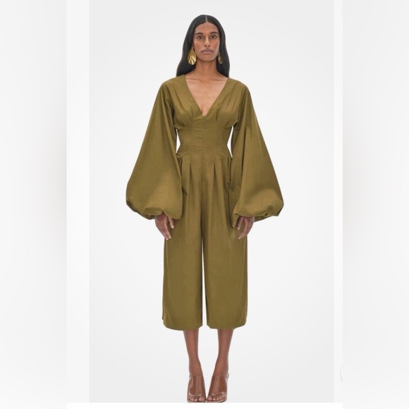 Andrea Iyamah Olive Green Midi Dress Balloon Sleeve Deep V NWT XS